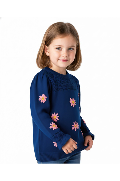 Pine kids Knit Full Sleeves Pullover Sweater with Floral Embroidery - Navy Blue