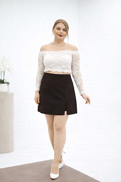 PLUSSELLE BÜYÜK BEDEN ŞORT ETEK KAHVERENGİ YÜKSEK BEL YIRTMAÇLI RAHAT KESİM E...