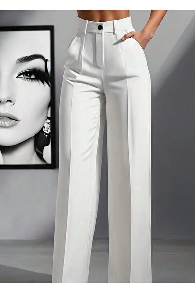 Hera Moda Women's White High Waist Pleated Loose Fit Pants