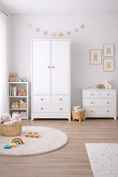 Koza %100 MDF Bonnie Beyaz 2 Kapılı Gardırop & Bonnie Beyaz 4 Çekmeceli Şifonyer