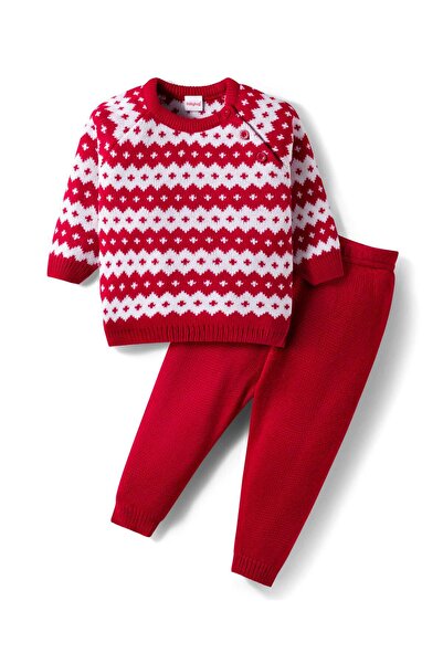 Babyhug Knitted Full Raglan Sleeves Design Sweater Set - Red and White