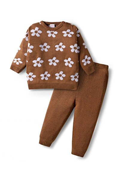 Babyhug Knit Full Sleeves Sweater & Pants Set with Floral Design - Brown