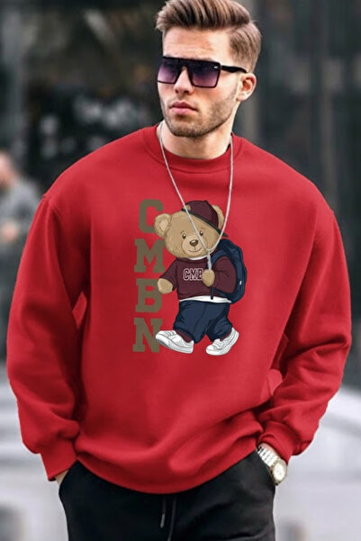 COMBİNE MİCHAİL سويت شيرت رجالي مطبوع قصة فضفاضة باللون الأحمر