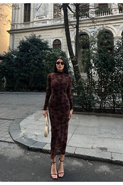 cemo Flok Çiçek Desenli Dik Yaka Sandy Maxi Elbise