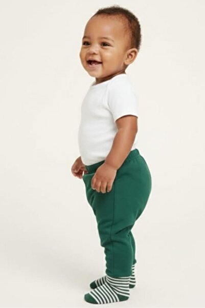 Fuar Baby Yeşil %100 Pamuklu Çoraplı Erkek Bebek Pantolon - Yumuşak Bel Lasti...