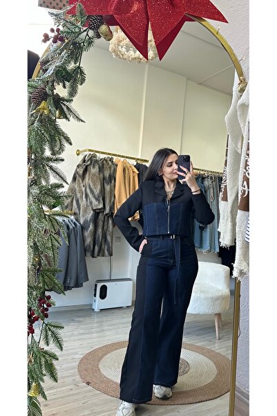 Premium Denim Detaylı Crop Blazer & Yüksek Bel Pantolon Takım