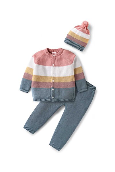 Babyhug Cotton Knit Full Raglan Sleeves Front Open Sweater Set With Stripes &...