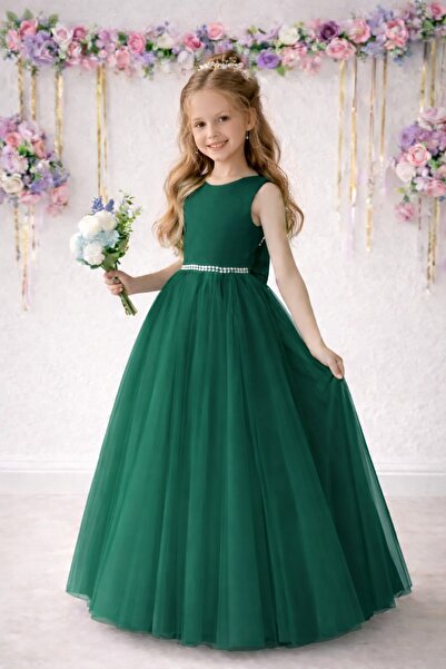 SUNEH Κοριτσίστικο Σμαραγδί Πράσινο Φόρεμα από Τούλι με Πέρλες και Σατέν Φιόγ...