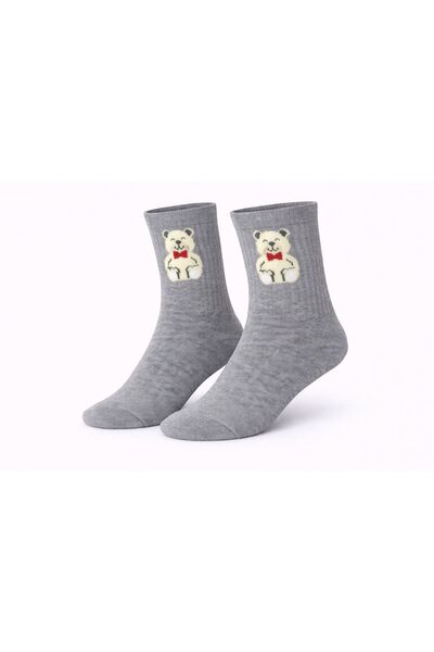 İpeksi Gray Teddy Bear Patterned Seamless Combed Cotton Socks