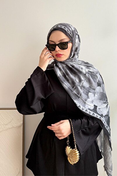 poplin GRİ KAMELYA ÇİÇEK DESENLİ BAMBU KRAŞ ŞAL