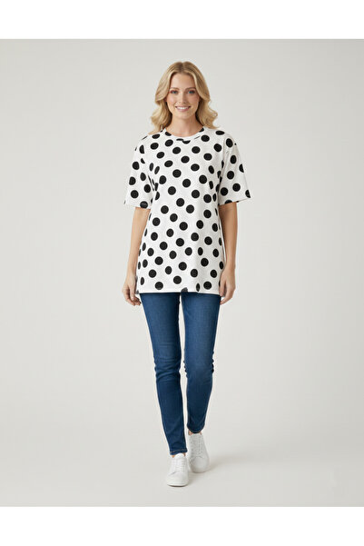 türkmen solak Oversize Puantiyeli Basic Tişört – Pamuk Penye, Siyah Beyaz, Ka...