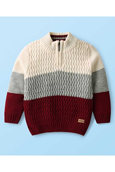 Babyhug Knit Full Sleeves Striped Pullover Sweater with Cable Knit Design - M...