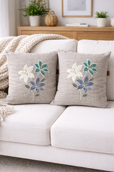 Decomia Home Embroidered Lily Appliqué 2-Piece Throw Pillow Cover Beige Color