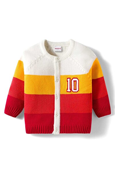 Babyhug Knit Full Raglan Sleeves Front Open Sweater with Stripes - Red & White