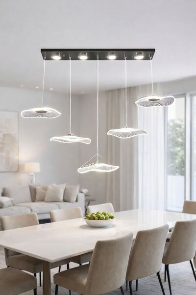 EROL AVİZE Silver Wave Gümüş Beşli Sıralı Yemek Masası Sarkıt Üç Renk Led Sal...