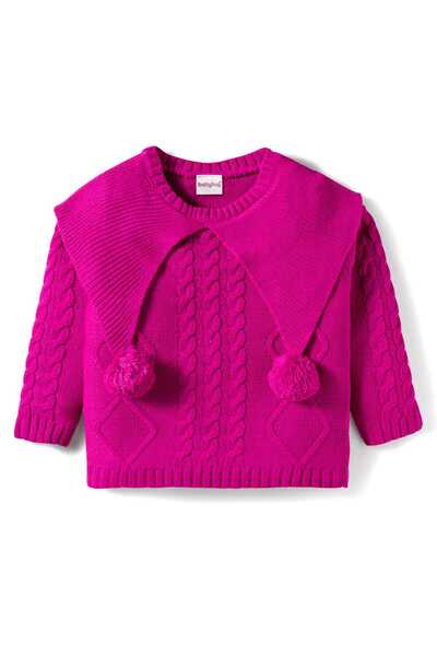 Babyhug Knit Full Sleeves Pullover with Cable Knit & Pom Pom Design - Dark Pink