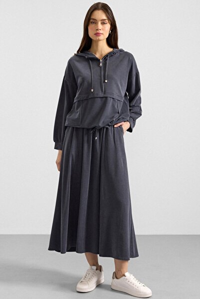 Olcay Hooded Lace Detailed Premium Fabric Sweat Skirt Set Dark Blue 9403-Tk
