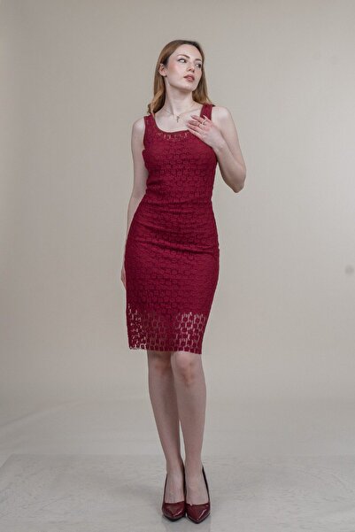 Yare Astarlı Dantel Kalın Askılı Midi Boy Elbise