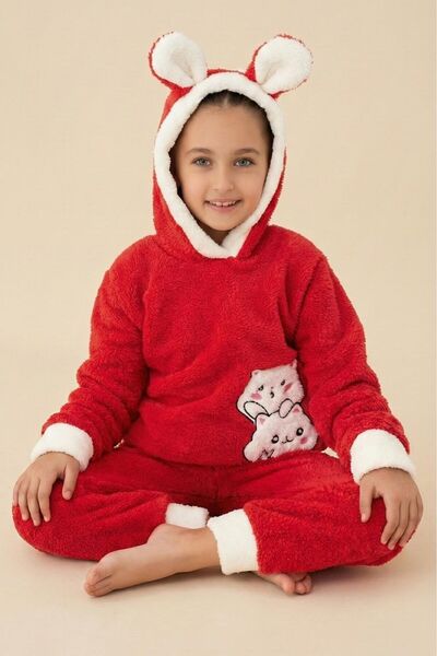 enmodaiçgiyim Red Girls' Winter Plush Pajama Set 1. Quality Soft Welsoft Fabric