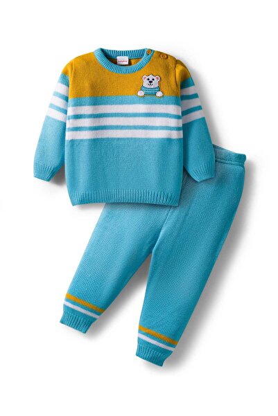 Babyhug Knit Full Sleeves Striped Pullover Sweater & Pants Set with Bear Patc...