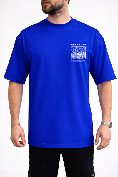 caddekombin Men's Decision Chest Lettering Printed Crew Neck Saks Blue T-Shirt