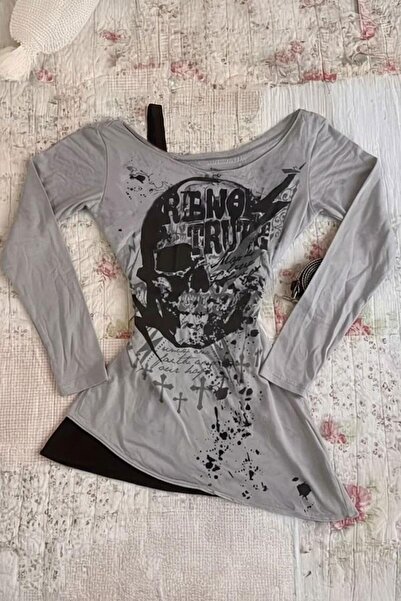 Karakedi Gray Renol Trut Strappy Attached Y2K Long Sleeve Crop