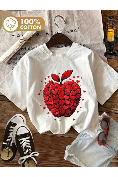 ALEYZA MODA ELMA Ειδικά Τυπωμένο Βαμβακερό T-Shirt με Λαιμόκοψη Ποδηλάτου σε ...