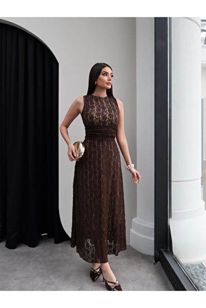 ESRAHELVACI Zero Sleeve Waist Draped Guipure Dress