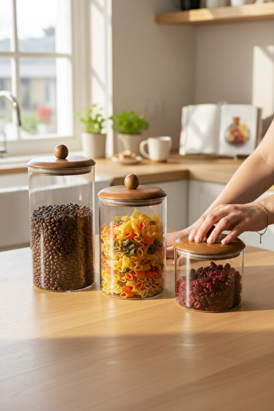 zezedesing Natural Acacia Lid Glass Jars Set of 3 - Legumes & Kitchen Organiz...