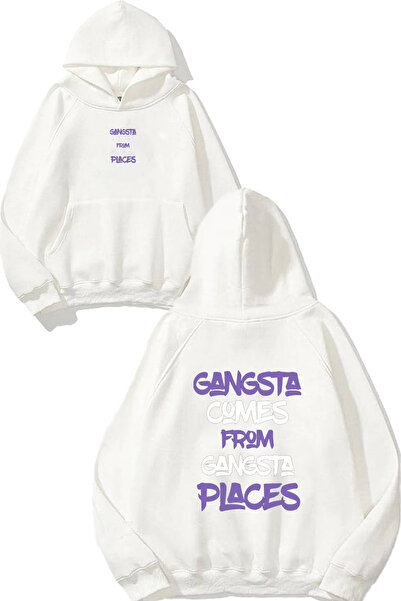 VSRN Hanorac alb supradimensionat cu glugă, cu imprimeu Gangsta 1 Design