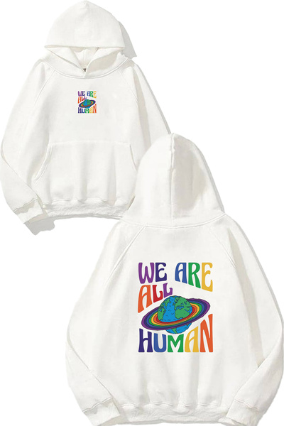 VSRN Φούτερ με λευκή κουκούλα We Are Human Design με στάμπα και υπερμεγέθη εφ...