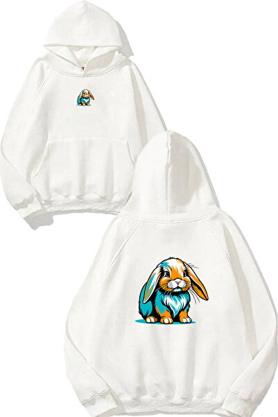 VSRN Φούτερ με στάμπα Rabbit Design, υπερμεγέθη, λευκό, με κουκούλα