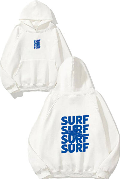 VSRN Hanorac alb supradimensionat cu glugă, imprimat cu design Surf Surf
