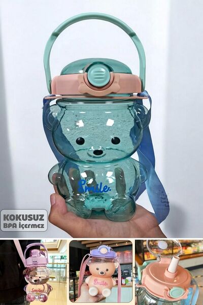 Mikasso Şeffaf Smile Ayıcık Su Matarası Turqu 1000ml Askılı Çocuk Su Şişesi P...