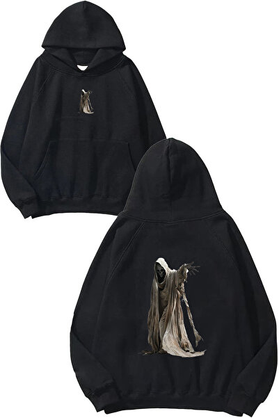 VSRN Hanorac negru supradimensionat cu glugă, cu imprimeu Wild Ghost Design