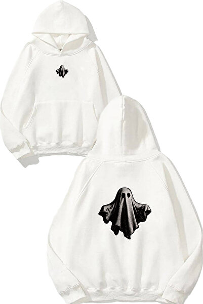 VSRN Hanorac alb supradimensionat cu glugă, cu imprimeu Retro Ghost Design