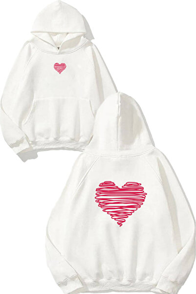 VSRN Hanorac alb supradimensionat cu glugă, cu imprimeu Heart Lines Design