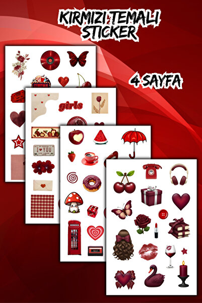 birikiyedi 4 lü Red/Kırmızı Collection Sticker, Çıkartma, Ajanda, Günlük, Pla...