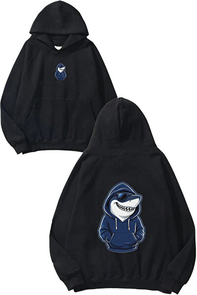 VSRN Φούτερ με στάμπα Shark Design, μεγάλου μεγέθους, μαύρο, με κουκούλα