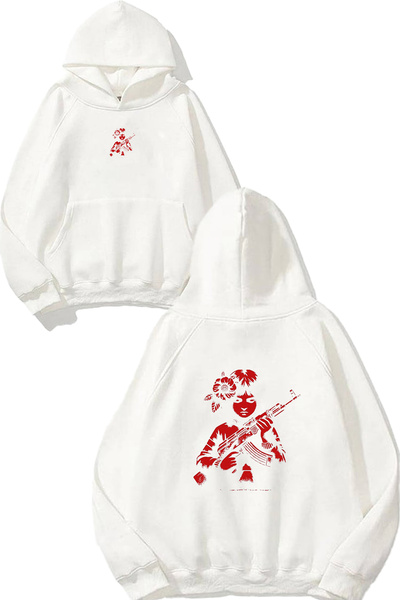 VSRN Hanorac alb supradimensionat cu glugă, cu imprimeu Gunpowder Girl Design