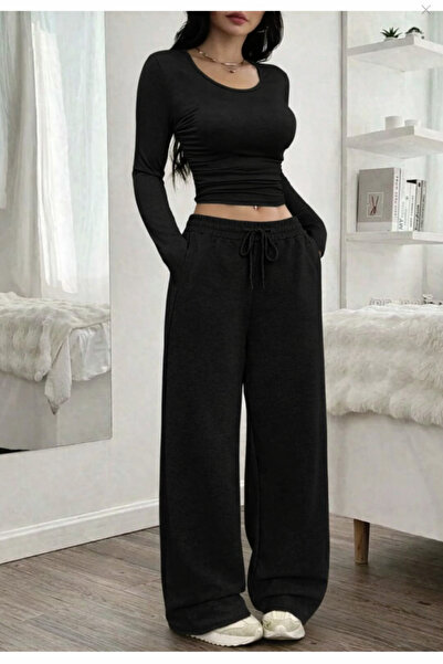 pandy بنطلون رياضي نسائي واسع الساق وعالي الخصر