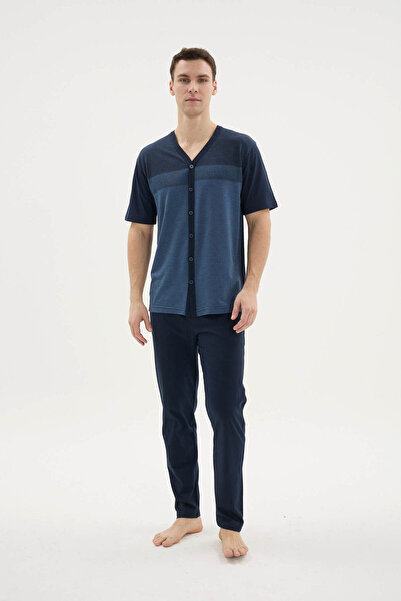 YUYİ Kly V-Neck Front Buttoned Short Sleeved Men's Pajama Set 26154