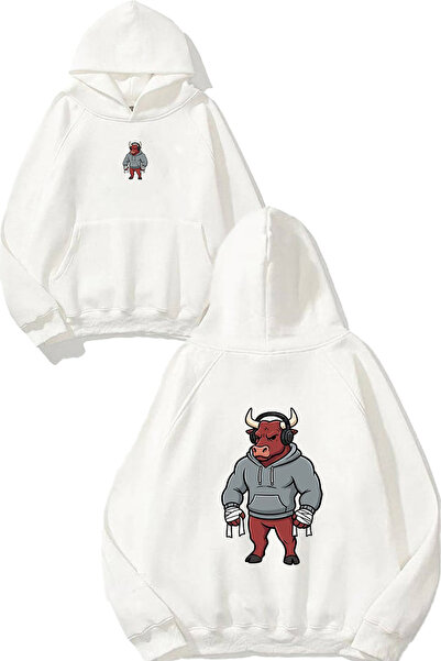 VSRN Hanorac alb supradimensionat cu glugă și imprimeu Angry Bull Design