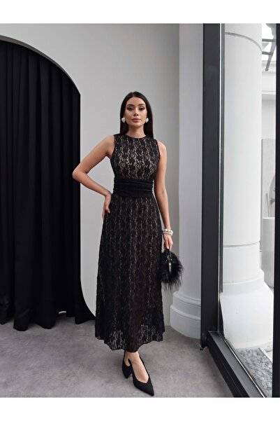 ESRAHELVACI Zero Sleeve Waist Draped Guipure Dress