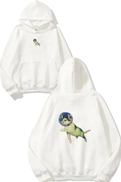 VSRN Φούτερ με στάμπα Astronaut Cat Design, μεγάλου μεγέθους, λευκό με κουκούλα