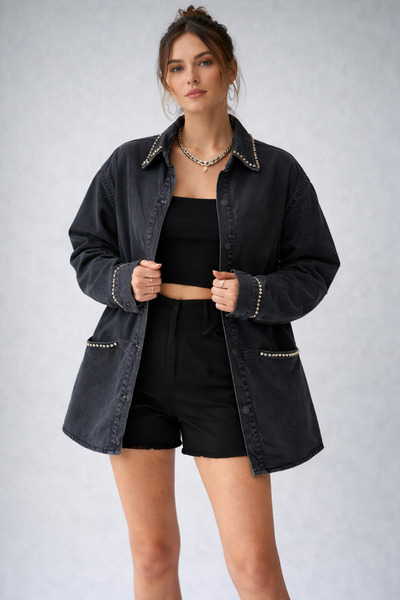 Meelisa Taş Detaylı Siyah Denim Ceket Oversize Kadın Jean Ceket