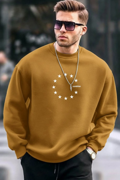 COMBİNE MİCHAİL Men's Star Printed Loose Mustard Sweatshirt