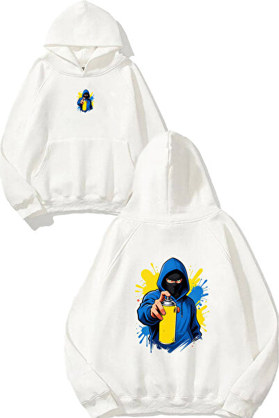 VSRN Hanorac alb supradimensionat cu glugă, imprimat cu design Graffiti Blue