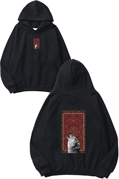 VSRN Hanorac negru supradimensionat cu glugă, cu imprimeu Uluyan Wolf Design