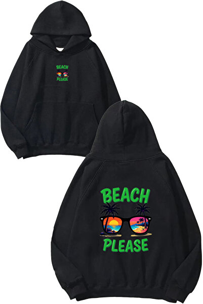 VSRN Hanorac negru supradimensionat cu glugă, imprimat cu design Beach Please